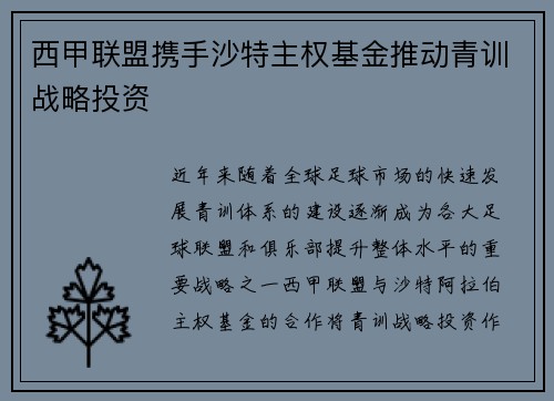 西甲联盟携手沙特主权基金推动青训战略投资