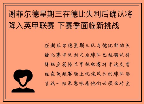 谢菲尔德星期三在德比失利后确认将降入英甲联赛 下赛季面临新挑战 谢菲尔德星期三在德比失利后确认将降入英甲联赛 下赛季面临新挑战
